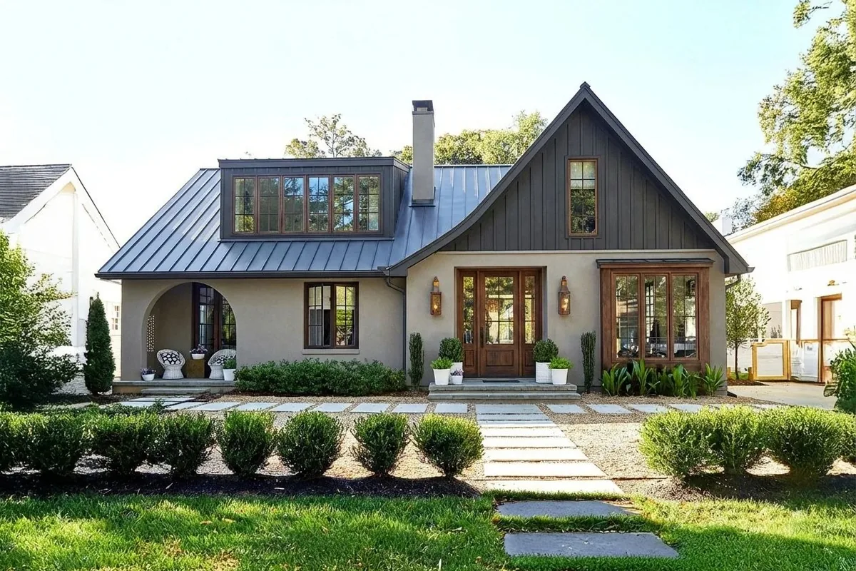 Greige cottage exterior with a dark standing-seam metal roof and wood-framed windows, visualized in Renoworks.ai